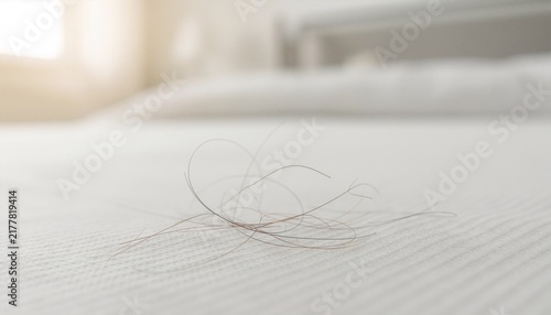 Macro photography of multiple strands of fallen hair resting on textured white bedding, individual hair fibers sharply detailed.