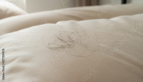 Close-up of long hair strands accumulated near the center of a beige pillowcase, visible fabric texture and natural wrinkles.