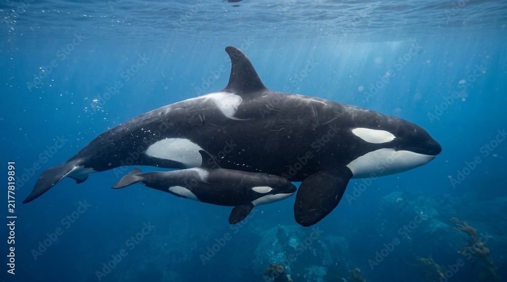 Obraz premium Protective mother orca swimming closely beside her young calf in the open ocean.