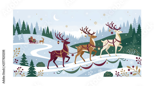 Christmas reindeer pulling sleigh through snowy winter landscape vector illustration