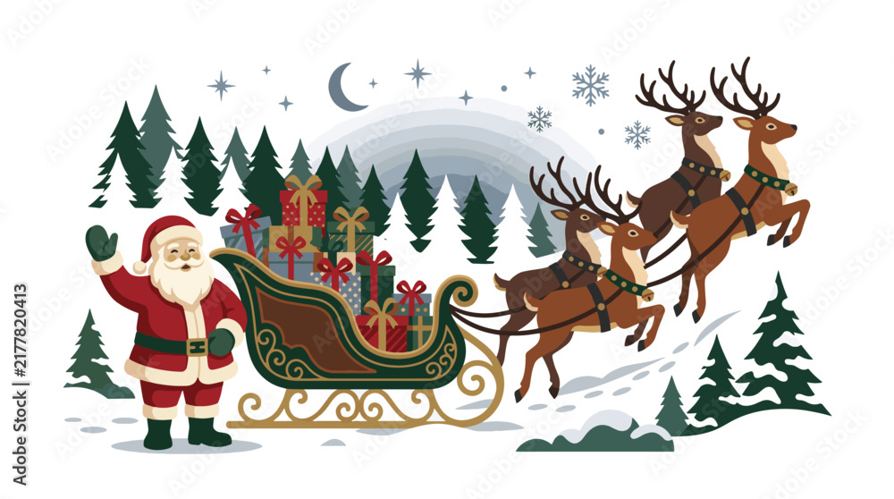 Fototapeta premium Santa Claus waving next to sleigh loaded with gift boxes and flying reindeer herd