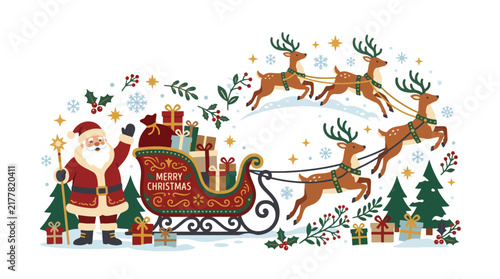 Santa Claus waving next to reindeer sleigh full of presents and gifts illustration