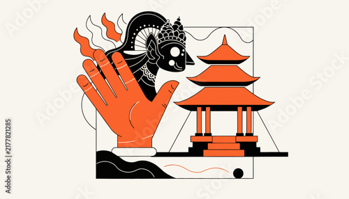 chinese temple, hand, fire, dragon head, isolated, cut out, transparent background, no background