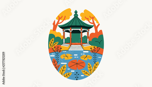 chinese pagoda in the park with pond and autumn leaves