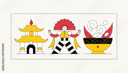 chinese temple, fan, and incense burner icons