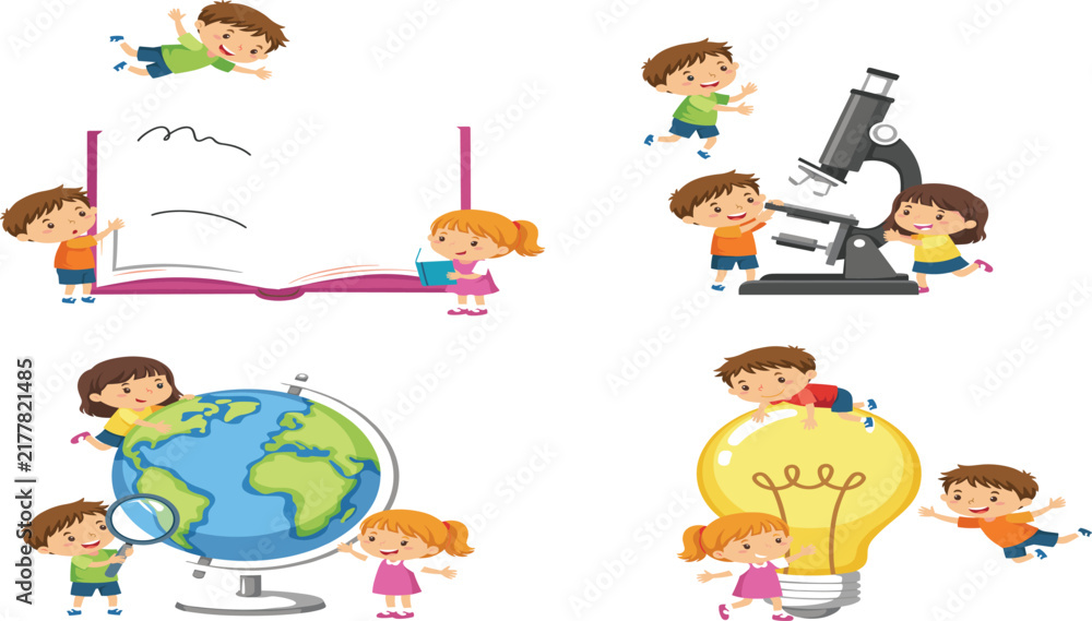 Naklejka premium Kids education illustration featuring children reading books, exploring geography, studying science with microscope and discovering creative ideas through learning