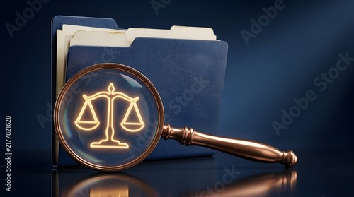 Magnifying glass over glowing scales of justice symbol inside blue folder