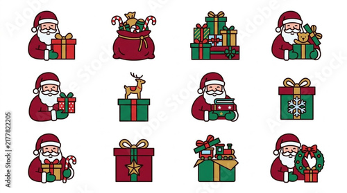 Colorful Santa Claus and Christmas Gift Icons Set.