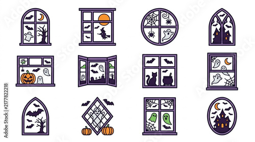 Halloween themed stained glass window illustrations set.