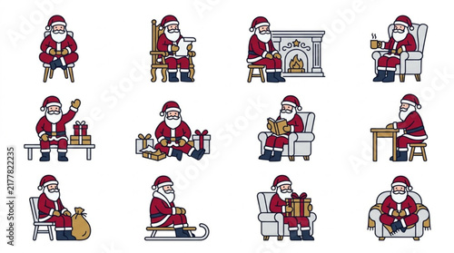 Cartoon Santa Claus in Various Holiday Activities.