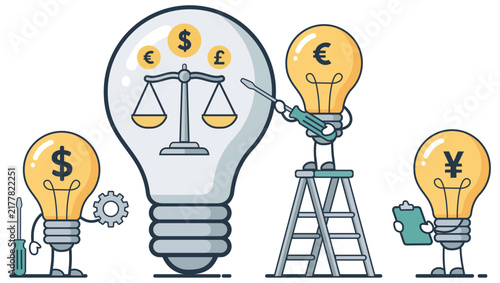 Creative concept of global currency exchange and financial strategy featuring lightbulb characters balancing dollar, euro, pound, and yen symbols. Ideal for business and finance projects.