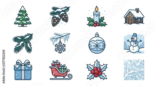 Colorful Christmas and Winter Holiday Icons Collection.