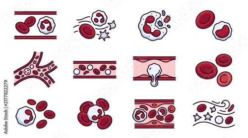 Illustrated red blood cells and medical icons collection.