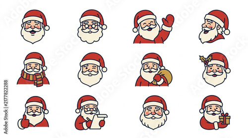 Collection of cartoon Santa Claus faces with festive expressions.