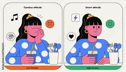 Careless vs. Smart Attitude: Low vs. High Emotion Woman Contrasted
