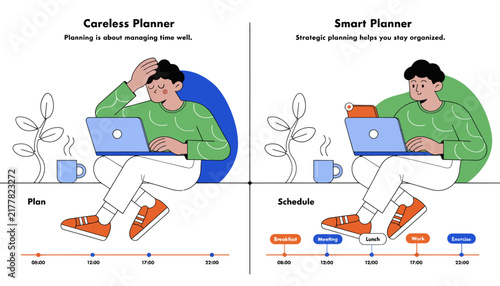 Careless vs. Smart Planner: Overwhelmed Person and Organized Person with Laptop and Schedule
