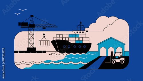 cargo ship at dock with crane and forklift