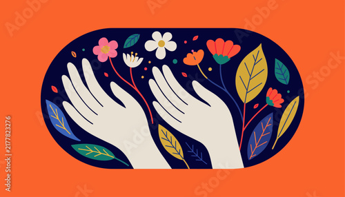 Caring Hands Nurturing Blooming Flowers - Gentle Growth and Floral Beauty Illustration