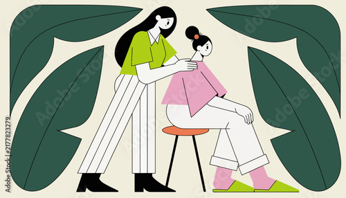 Caring touch, back massage, woman giving shoulder rub to seated friend, therapeutic, relaxation, healthy lifestyle, minimal art, plants