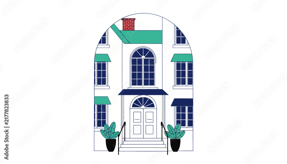 Fototapeta premium Charming illustration of a detached house with arched entryway, green accents, and potted plants.