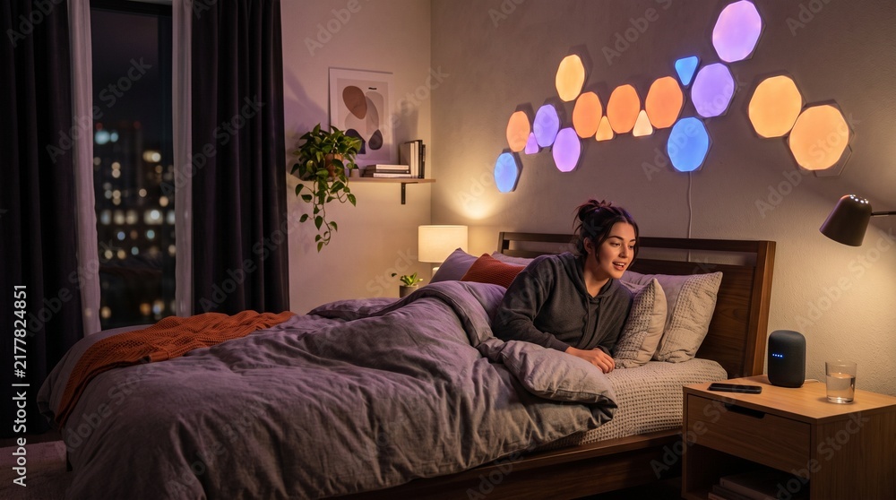 Fototapeta premium Smart Bedroom Ambiance: A woman relaxes in her bed, illuminated by colorful, ambient smart lights adorning the wall, creating a cozy and modern atmosphere in the bedroom.