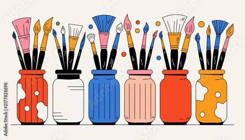 Art Brushes in Colorful Jars, Isolated Transparent Background, Creative Tools Collection