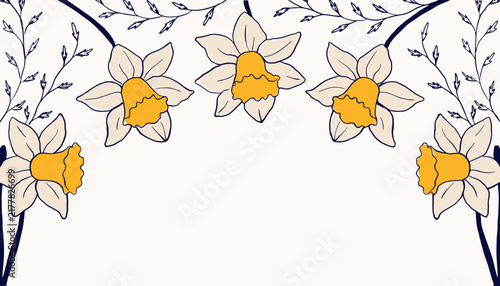 Art Nouveau Daffodil Floral Border with Vine Accents on Cream Background