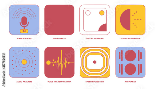 Artificial Intelligence Audio Icons: Microphone, Sound Wave, Recorder, Recognition, Analysis, Transformation, Detection, Speaker