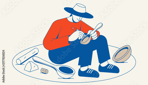 Artisan crafting wooden spoon with tools, creating handmade objects with focus and skill. Craftsmanship concept.