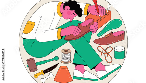 Artisan Shoemaker Handcrafting Leather Shoes with Tools and Materials in Circular Illustration