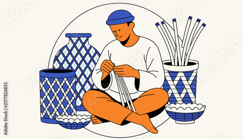 Artisan weaving traditional basket in a cozy workshop, craft, hobby, handmade product, cultural heritage