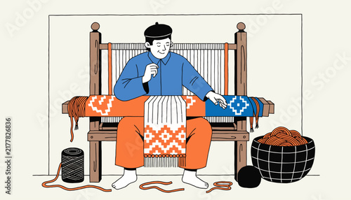 Artisan Weaving Colorful Carpet on Traditional Loom, Craftsmanship, Handmade Textile Art