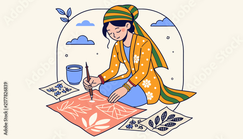 Artisan woman creating textile patterns with traditional tools, crafting skills, cultural heritage illustration