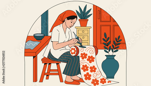 Artisan woman sewing intricate floral pattern on fabric, traditional handicraft, cultural textile art