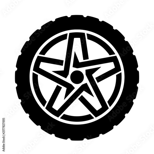 Black and white star shaped spoke car tire and alloy wheel silhouette icon vector illustration
