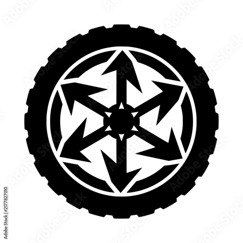 Black and white arrow shaped spoke car tire and alloy wheel silhouette icon vector illustration