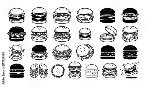 Hand drawn cheeseburger outline and silhouette illustrations with playful food icon vector collection