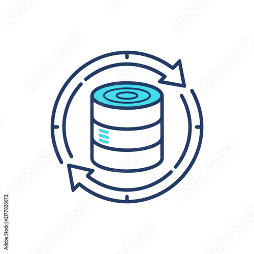 A blue and dark blue icon depicting a database cylinder with circular refresh or synchronization arrows around it, symbolizing data update or backup.