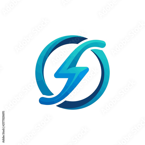 A vibrant blue lightning bolt symbol is enclosed within a circular gradient ring, representing power, energy, and speed.