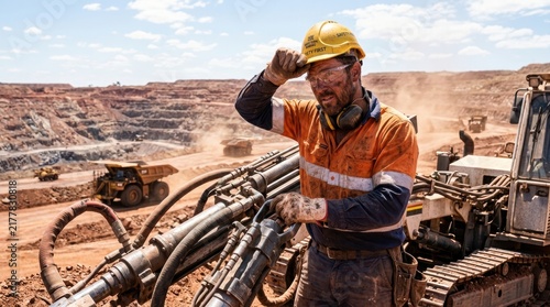 A miner in a hard hat working at an Australian mine, the miner's face dusty, the mine site visible. The background shows a vast open-pit mine in Western Australia.