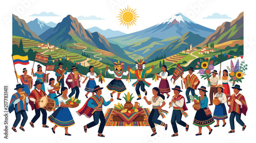Group of People Celebrating Traditional Andean Festival with Music and Dance.