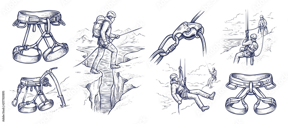 Fototapeta premium Rock climbing harness equipment set featuring mountaineer gear, carabiner, rope, ice axe, rappelling climber, and mountain adventure sketch illustrations in vintage engraving line art style.