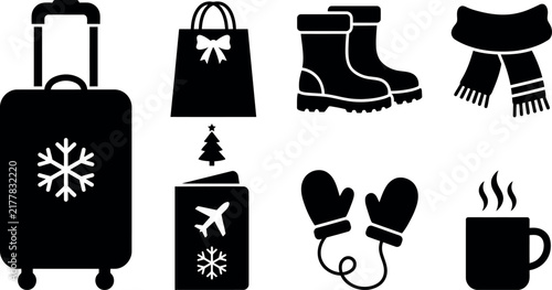 Winter Travel and Christmas Holiday Icon Set for Seasonal Vacation Planning