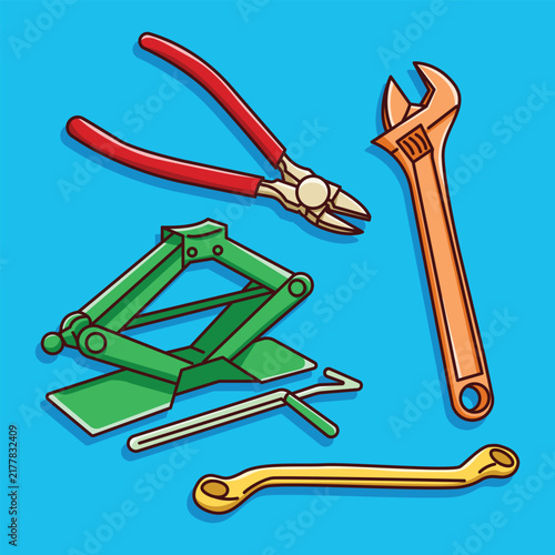 Flat illustration of mechanics stuff for motorcycle and car repairs. A flat vector line art style suitable for covers, pages, banners, flyers, stickers, cards, and educational materials.