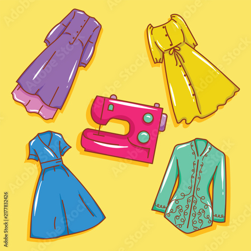 Flat illustration of a sewing machine and the types of clothing produced. Flat vector line art style suitable for covers, pages, banners, flyers, stickers, cards, and educational materials.