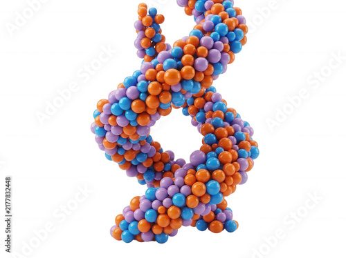 Abstract twisted 3D structure made of small blue and orange spheres isolated on transparent background for science