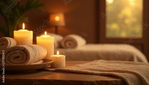 Spa room, warm brown tones, scented candles on table, soft light, home decor, candlesticks
