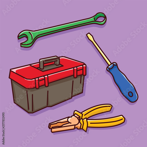 Flat illustration of mechanics stuff for motorcycle and car repairs. A flat vector line art style suitable for covers, pages, banners, flyers, stickers, cards, and educational materials.