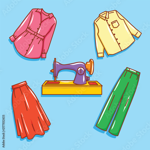 Flat illustration of a sewing machine and the types of clothing produced. Flat vector line art style suitable for covers, pages, banners, flyers, stickers, cards, and educational materials.