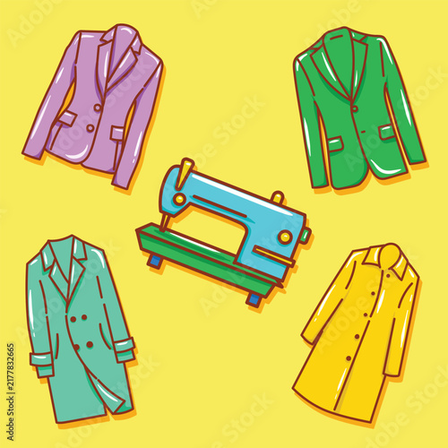 Flat illustration of a sewing machine and the types of clothing produced. Flat vector line art style suitable for covers, pages, banners, flyers, stickers, cards, and educational materials.